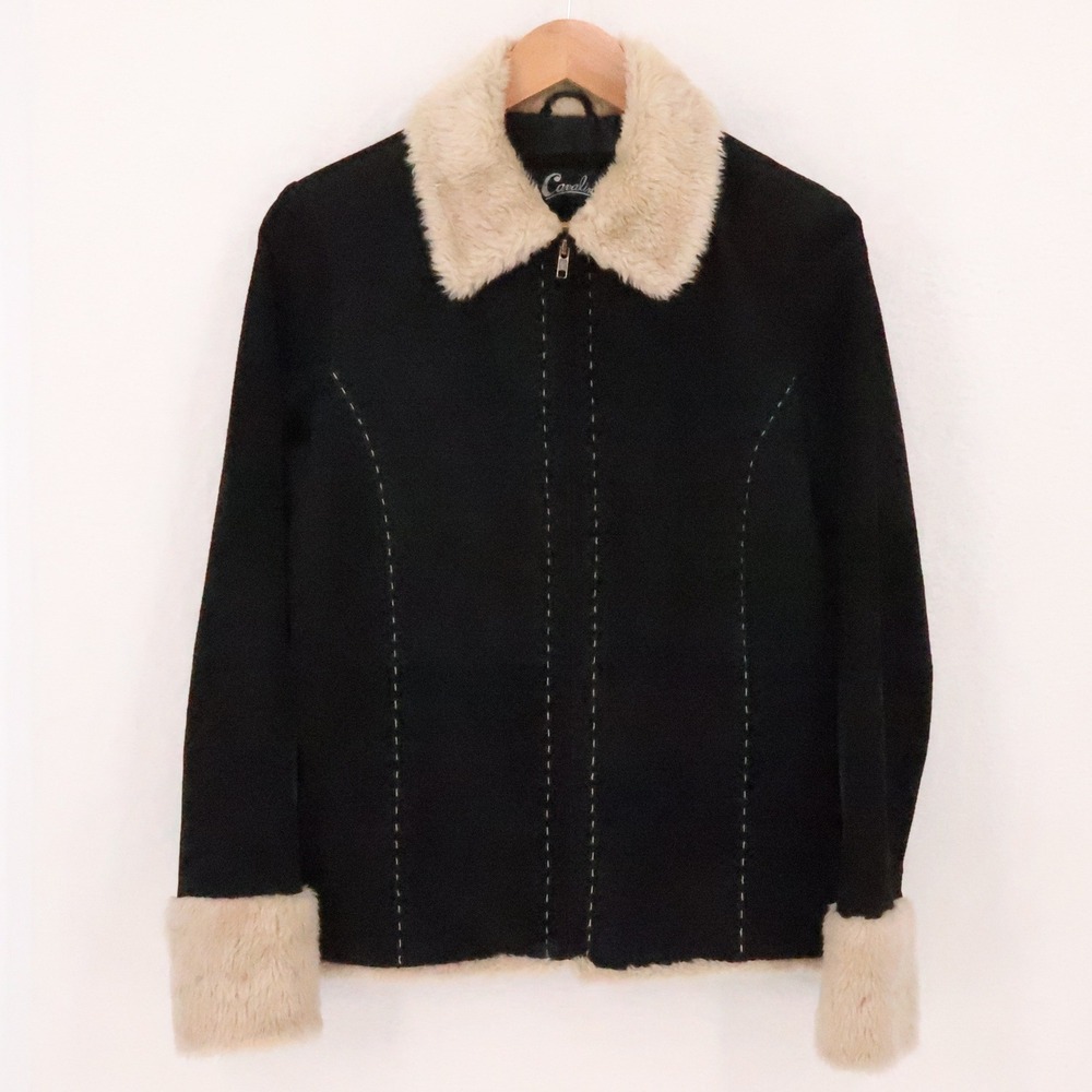 Cavalini Y2K Suede Leather Jacket Vintage Womens Size M Black Faux Fur Trim